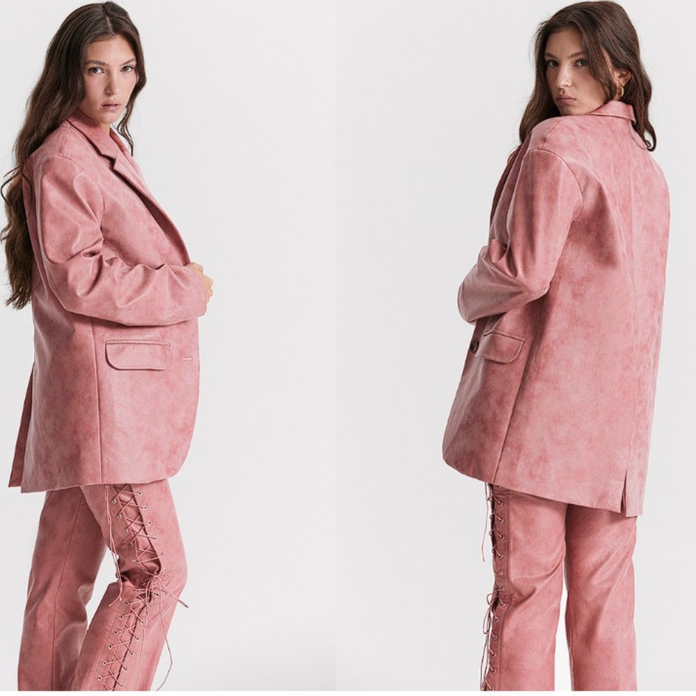 HOUSE OF CB 'Kiera' Warm Pink Vegan Leather Oversized Blazer NWOT - Picture 5 of 9